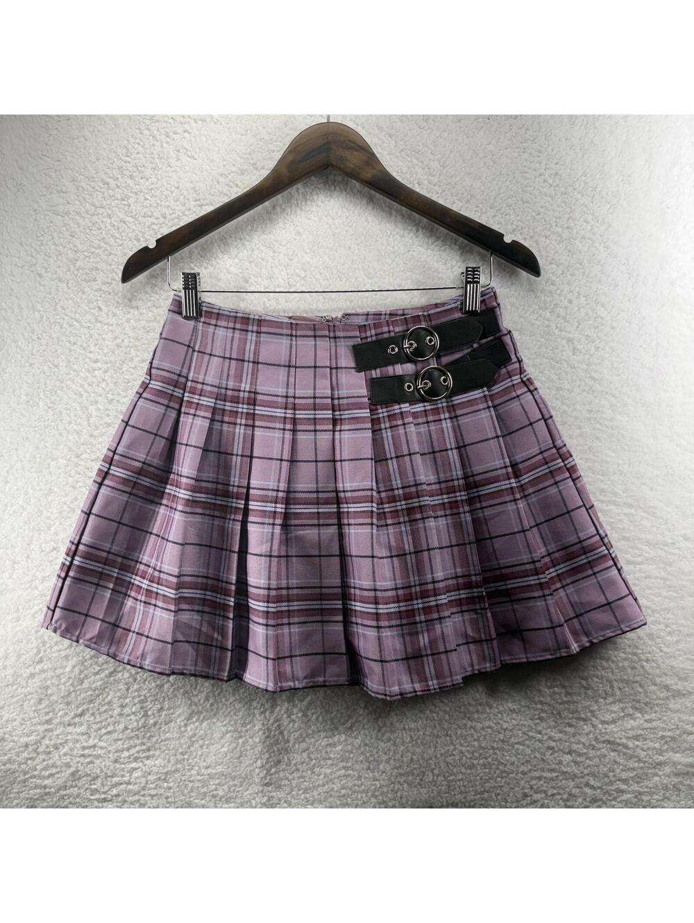 90s Purple Plaid Pleated School Girl Skirt Forever 21 Punk Buckle Womens Small